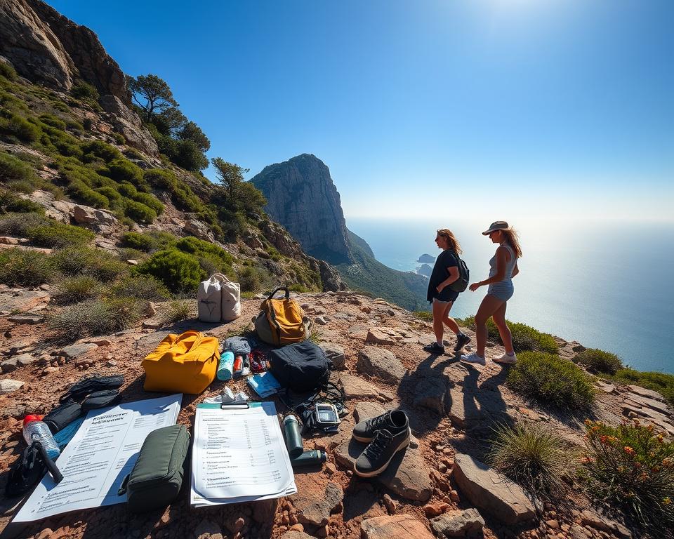 A scenic view of the Gibraltar Upper Rock, showcasing a rugged, rocky landscape with abundant vegetation and distant sea views. In the foreground, include a detailed pack list visually represented, with items like water bottles, lightweight clothing, and comfortable walking shoes neatly arranged. In the middle, capture tourists wearing breathable, casual outfits, exploring the area and taking in the breathtaking views. In the background, depict the iconic rock formation under a brilliant blue sky, with soft, natural lighting illuminating the scene. The atmosphere should be inviting and adventurous, evoking a sense of exploration and preparation for an exciting day at Gibraltar.