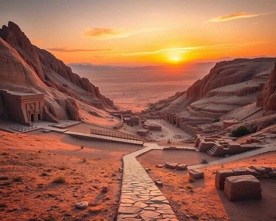 A scenic view of the "Valley of the Kings" in Egypt during golden hour, capturing the majestic limestone cliffs casting long shadows on the arid desert floor. In the foreground, a winding path leads through ancient ruins, dotted with small archaeological artifacts, hinting at the rich history of the site. The middle ground features meticulously restored burial tombs, their colorful hieroglyphics glowing softly in the warm light. In the background, the rolling hills of the desert stretch into the distance under a breathtaking sunset sky painted with hues of orange and purple. The atmosphere is serene and contemplative, evoking a sense of wonder and discovery, perfect for travelers wanting to maximize their journey in this historic location.