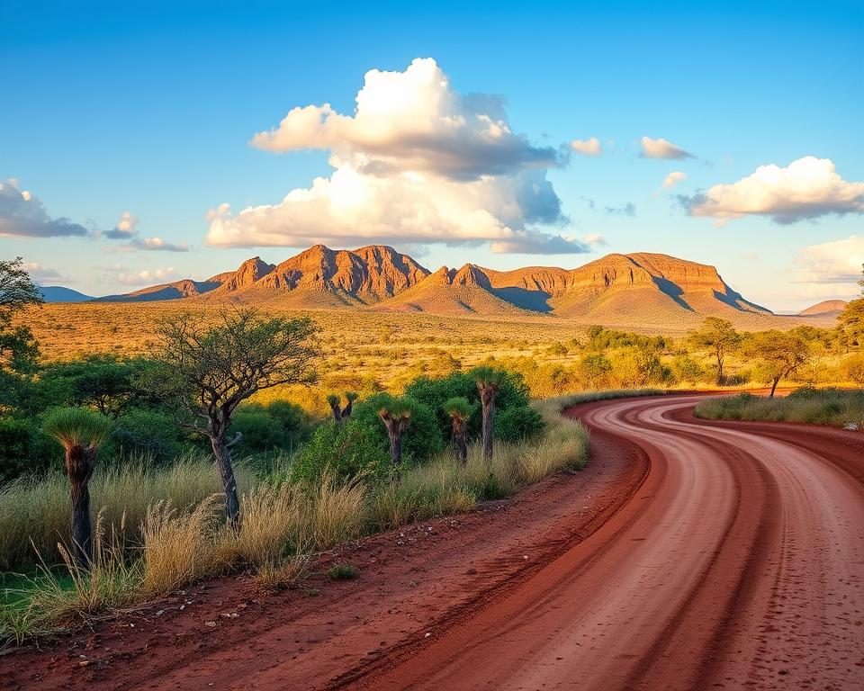 A scenic view of the approach to Pilanesberg National Park, showcasing a winding dirt road with tire tracks leading into the vibrant wilderness. In the foreground, a few scattered acacia trees and tall grasses rustle gently in the breeze. The middle ground features a mix of lush green foliage with glimpses of wildlife, such as impalas and birds. In the background, the iconic rocky hills of the park rise majestically against a clear blue sky, dotted with fluffy white clouds. The warm golden hour sunlight bathes the scene, creating a tranquil and inviting atmosphere. Capture this landscape with a wide-angle lens from a low perspective, emphasizing the road that invites viewers to explore this stunning destination. A scenic view of the approach to Pilanesberg National Park, showcasing a winding dirt road with tire tracks leading into the vibrant wilderness. In the foreground, a few scattered acacia trees and tall grasses rustle gently in the breeze. The middle ground features a mix of lush green foliage with glimpses of wildlife, such as impalas and birds. In the background, the iconic rocky hills of the park rise majestically against a clear blue sky, dotted with fluffy white clouds. The warm golden hour sunlight bathes the scene, creating a tranquil and inviting atmosphere. Capture this landscape with a wide-angle lens from a low perspective, emphasizing the road that invites viewers to explore this stunning destination.