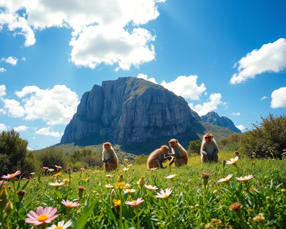 A scenic view of the famous Rock of Gibraltar during the best travel season, capturing the lush greenery around it with blooming wildflowers in the foreground. In the middle ground, a group of friendly Barbary macaques interact playfully, showcasing their natural behavior. The background features a bright blue sky scattered with fluffy white clouds, casting soft sunlight that highlights the rock's dramatic limestone cliffs. The scene should evoke a warm, inviting atmosphere, ideal for travel. Use a wide-angle lens to provide depth, and ensure the lighting enhances the vibrant colors of the landscape. The overall mood should feel cheerful and lively, perfect for showcasing the beauty of Gibraltar's unique wildlife and scenery.