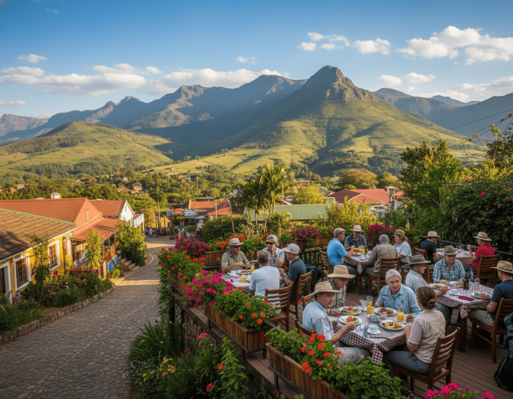 A scenic view of the quaint town of Graskop, nestled in the lush landscapes of South Africa, with vibrant greenery and charming buildings in the foreground. In the middle ground, showcase a lively café terrace where travelers enjoy local dishes, surrounded by colorful flowers and cheerful diners in casual clothing. The backdrop features the majestic Sabie mountains under a clear blue sky, with soft, dappled sunlight filtering through the trees, creating a warm and inviting atmosphere. Capture the essence of adventure and relaxation, highlighting the tranquil beauty of this route along the Panorama Route. Use a wide-angle lens to emphasize the sweeping landscapes and enhance the vibrant colors.