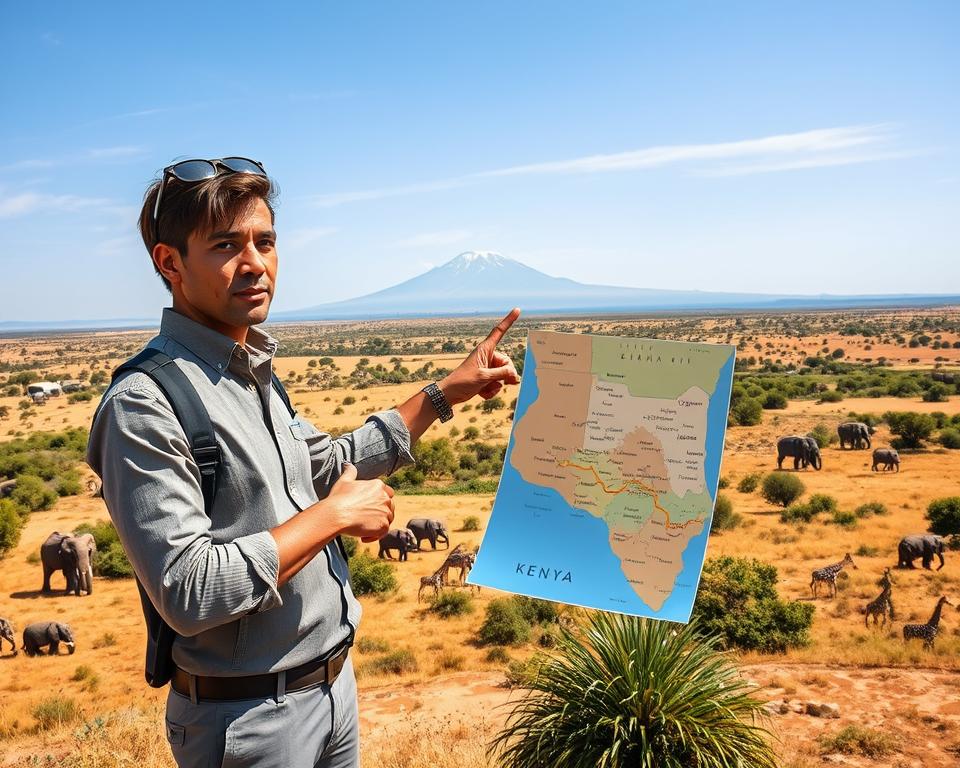 A scenic view showcasing the diverse landscapes of Kenya, emphasizing different vaccination routes for travelers. In the foreground, depict a well-informed travel guide pointing towards a map of Kenya, dressed in smart casual attire. The middle ground features a vibrant, lush savannah landscape populated with iconic wildlife such as elephants and giraffes under a clear blue sky. In the background, a distant view of the majestic Mount Kenya looms. Soft, natural lighting highlights the warm tones of the savannah while showcasing the traveler's excitement. Capture a sense of adventure and safety, evoking a reassuring atmosphere for tourists as they prepare for their journeys through this stunning country.