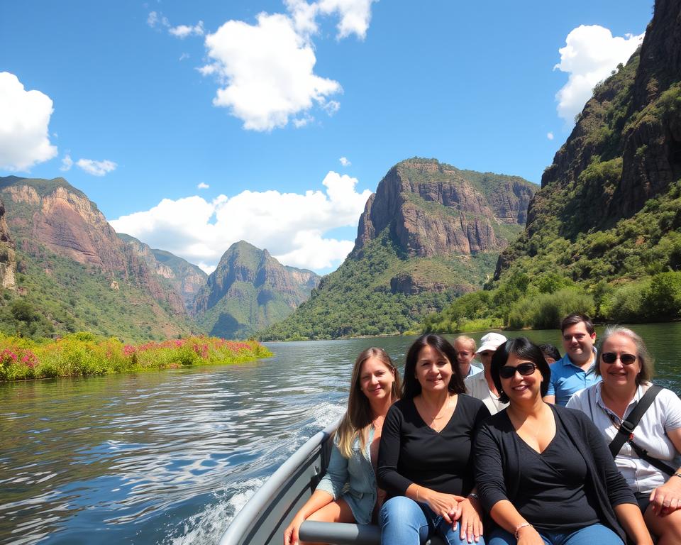 A serene Blyde Dam scene with a boat tour in the foreground, showcasing a diverse group of people enjoying a leisurely ride in a small motorboat. The tourists are dressed in modest casual clothing, smiling and taking in the beautiful surroundings. In the middle ground, the tranquil waters of the dam reflect the stunning cliffs and lush greenery of the Blyde River Canyon, with vibrant flora along the banks. In the background, towering rock formations rise majestically against a bright blue sky dotted with fluffy white clouds. The lighting is soft and warm, suggesting late afternoon, casting gentle shadows and enhancing the rich colors of the landscape. The overall mood is tranquil and inviting, perfect for a nature excursion.