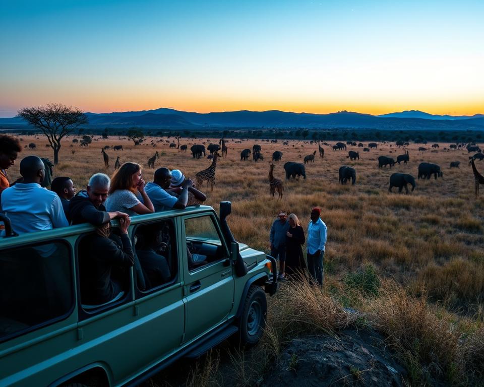 A serene Kenyan landscape at twilight, showcasing a diverse group of travelers, dressed in modest, casual attire, engaged in respectful interactions with local guides. In the foreground, a spacious safari vehicle parked on the edge of a golden savannah dotted with acacia trees. In the middle ground, a picturesque view of the wildlife, including elephants and giraffes, emulating a harmonious coexistence. The sky is painted in soft pastels, with the last rays of the sun illuminating the scene, creating a warm, inviting atmosphere. In the background, the silhouette of rolling hills under a starry night sky, evoking a sense of adventure and tranquility. The entire scene reflects a mood of safety, respect, and responsible travel in Kenya.