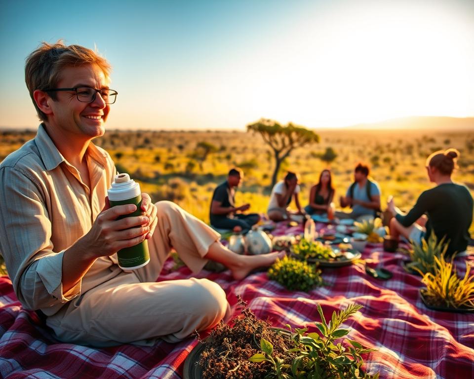 A serene Kenyan landscape during the golden hour, featuring a sprawling savannah dotted with acacia trees and a distant view of Mount Kenya. In the foreground, a close-up of a mosquito repellent bottle placed on a picnic blanket, surrounded by natural herbs known for their mosquito-repelling properties. A well-dressed traveler, wearing lightweight, breathable clothing, applies the repellent with a relaxed smile, showcasing a sense of safety and preparedness. In the middle ground, a small group of diverse travelers enjoys a meal, casually protected from mosquitoes, while enjoying the picturesque surroundings. Soft sunlight filters through the trees, casting gentle shadows, creating a warm, inviting atmosphere that emphasizes the importance of malaria prevention in beautiful Kenya.