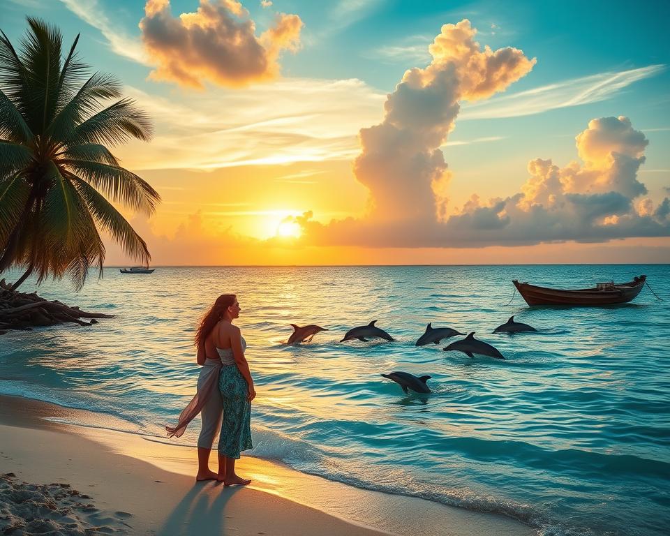 A serene Kizimkazi beach scene at sunrise, showcasing a tranquil turquoise sea with playful dolphins leaping gracefully out of the water near a wooden fishing boat. In the foreground, a couple, dressed in modest casual beach attire, stand hand in hand on the sandy shore, gazing out at the dolphins, exuding a sense of romance and adventure. The middle ground features lush palm trees swaying gently in the morning breeze, enhancing the coastal charm. The background reveals vibrant clouds painted in soft pastels as the sun rises over the horizon. The lighting is warm and inviting, casting a golden glow on the water and creating a dreamy atmosphere, perfect for a romantic getaway.