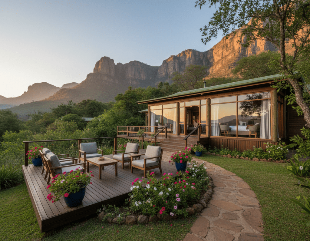 A serene accommodation scene along South Africa's Panorama Route, featuring a cozy, eco-friendly lodge nestled amidst lush greenery and awe-inspiring landscapes. In the foreground, elegant wooden decking with comfortable outdoor seating invites relaxation, surrounded by vibrant flowers and a small stone pathway leading to the entrance. The middle ground showcases the lodge, adorned with large windows that reflect the stunning mountain scenery. The background reveals dramatic cliffs and rolling hills bathed in warm golden sunlight, creating a peaceful and inviting atmosphere. Soft, diffused lighting enhances the natural beauty, while a slight angle captures the depth of the landscape, emphasizing the harmony between the lodge and its breathtaking surroundings. The mood is tranquil and welcoming, ideal for travelers seeking a unique lodging experience.
