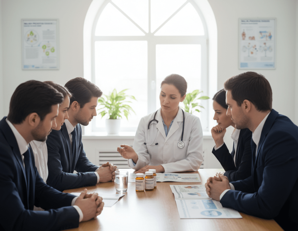 A serene and informative scene depicting a healthcare professional demonstrating the proper way to take malaria medication. In the foreground, a diverse group of adults, dressed in professional business attire, is attentively listening to the expert. The middle layer features a well-lit table with medication bottles, a glass of water, and illustrated leaflets detailing dosage instructions. The background shows a calming clinic environment with soft, natural lighting flowing in from a window, creating a welcoming atmosphere. The composition captures a sense of trust and knowledge-sharing, emphasizing the importance of correct medication intake to minimize side effects. Use a depth of field effect to focus on the foreground while slightly blurring the background.