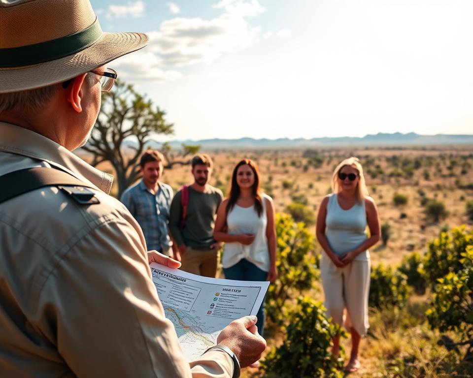 A serene and informative scene depicting a professional guide providing safari health tips to a small group of tourists. In the foreground, the guide, dressed in smart casual safari attire, points towards a map with highlighted health precautions. In the middle ground, attentive tourists, wearing lightweight and modest clothing, listen carefully, surrounded by lush African vegetation. In the background, a stunning savanna landscape stretches out, featuring acacia trees and distant hills under a bright blue sky with soft, warm sunlight illuminating the scene. The atmosphere is calm and engaging, with a focus on safety and preparation for an adventurous journey.