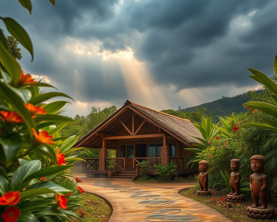 A serene and inviting lodge nestled in lush green tropical foliage during Tanzania's rainy season. In the foreground, a cozy wooden cabin with a thatched roof is surrounded by vibrant flowers and droplets of rain glistening on leaves. The middle ground features a pathway leading to the lodge, accentuated by hand-carved wooden statues and traditional Tanzanian art. The background shows a dramatic sky filled with dark rain clouds, contrasting with shafts of sunlight breaking through, casting a soft golden glow around the lodge. The atmosphere is tranquil, evoking a sense of peace and connection with nature, with a slight mist rising from the ground. Capture the scene from a slightly elevated angle for depth, using warm lighting to convey comfort and relaxation in this beautiful, natural setting.