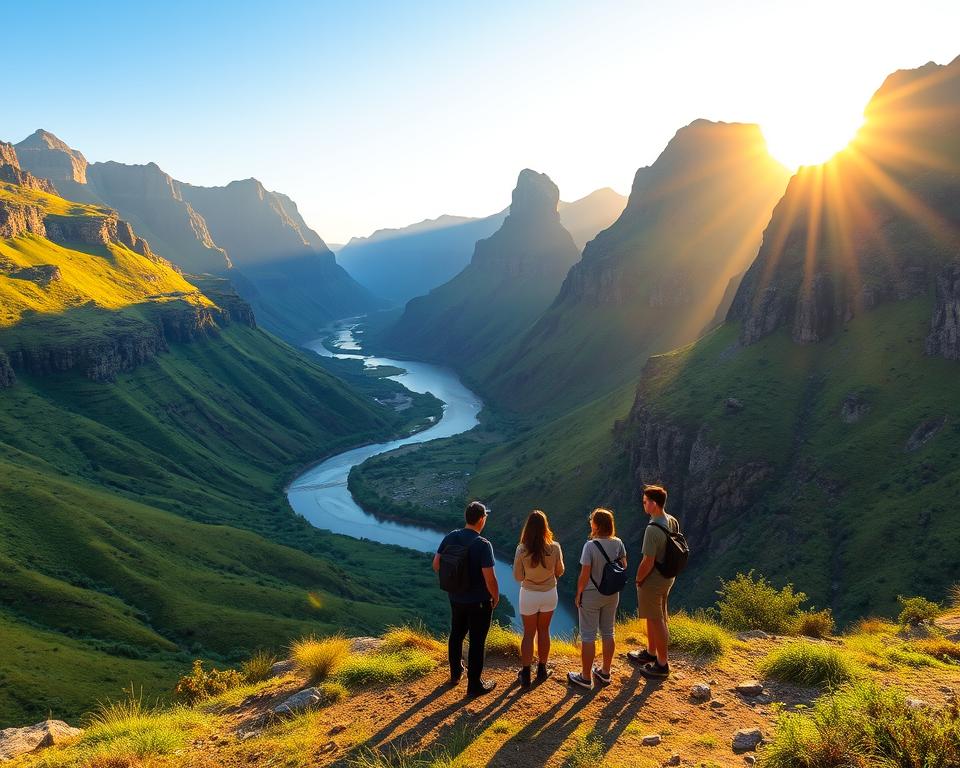 A serene and inviting scene showcasing the Blyde River Canyon in the foreground, with lush green hills and dramatic cliffs cascading into deep valleys. Include a winding river meandering through the canyon, reflecting the bright blue sky. In the middle ground, depict a group of travelers dressed in modest casual clothing, engaged in discussions while surrounded by nature, possibly with hiking gear. In the background, capture the majestic, towering rock formations illuminated by golden sunlight during the golden hour, creating long shadows and a warm, inviting atmosphere. Use a wide-angle perspective to emphasize the grandeur of the landscape, evoking a sense of adventure and exploration. The overall mood should be uplifting and encouraging, perfect for someone planning a visit to this breathtaking location. A serene and inviting scene showcasing the Blyde River Canyon in the foreground, with lush green hills and dramatic cliffs cascading into deep valleys. Include a winding river meandering through the canyon, reflecting the bright blue sky. In the middle ground, depict a group of travelers dressed in modest casual clothing, engaged in discussions while surrounded by nature, possibly with hiking gear. In the background, capture the majestic, towering rock formations illuminated by golden sunlight during the golden hour, creating long shadows and a warm, inviting atmosphere. Use a wide-angle perspective to emphasize the grandeur of the landscape, evoking a sense of adventure and exploration. The overall mood should be uplifting and encouraging, perfect for someone planning a visit to this breathtaking location.