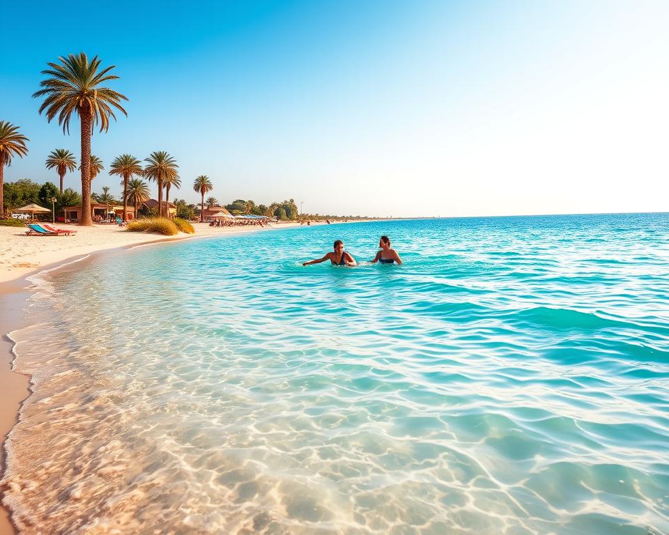 A serene and picturesque scene of Egypt's coastline during the ideal swimming season. In the foreground, a calm, turquoise sea gently lapping at a sandy beach, with a few colorful beach towels and umbrellas set up on the sand. The middle ground features a couple enjoying a leisurely swim in the clear water, both dressed in modest, casual clothing suitable for a beach day. In the background, you can see palm trees swaying slightly in a warm breeze and the sun casting a golden glow over the landscape, suggesting a clear blue sky and perfect weather. The overall mood should evoke relaxation and enjoyment, capturing the essence of the best time to swim in Egypt’s inviting waters.