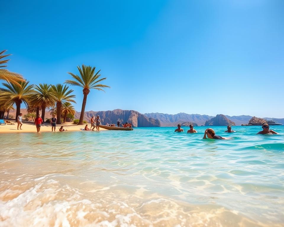 A serene beach scene in Sharm El Sheikh during a bright, sunny day. In the foreground, gentle waves lap at the shore, with clear turquoise waters inviting for swimming and snorkeling. Lush palm trees sway slightly in the warm breeze, casting dappled shadows on the soft golden sand. In the middle ground, a group of diverse individuals in modest casual clothing are enjoying various activities, some snorkeling with colorful fish, while others relax on the beach. The background features a stunning view of the Red Sea, with rocky cliffs and distant mountains under a clear blue sky, enhancing the natural beauty. The lighting is bright and vibrant, capturing the essence of a perfect day for water activities. The mood conveys relaxation and enjoyment, with an emphasis on the warm, inviting atmosphere of Sharm El Sheikh.