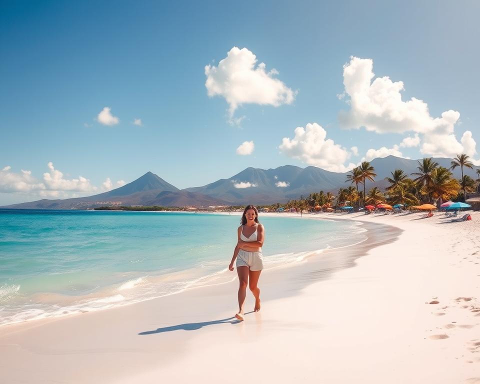 A serene beach scene on the Cape Verde islands during peak travel season, showcasing soft white sands and crystal-clear turquoise waters gently lapping at the shore. In the foreground, a couple in modest beach attire strolls hand in hand along the coast, radiating joy and relaxation. The middle ground features swaying palm trees and colorful beach umbrellas, hinting at a warm, inviting atmosphere. In the background, distant volcanic mountains rise majestically under a bright blue sky, dotted with fluffy white clouds. The sunlight casts a golden hue over the landscape, enhancing the vibrant colors of the scene. The overall mood is tranquil and idyllic, perfect for a beach vacation, evoking a sense of wanderlust and adventure.