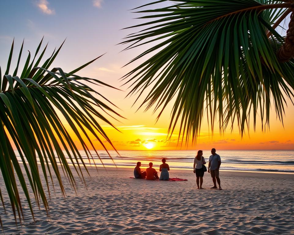 A serene beach scene on the Cape Verde islands during the peak mosquito season, showcasing the natural beauty and vibrant atmosphere. In the foreground, a lush green palm tree with delicate leaves sways gently in the breeze. The middle ground features a stretch of soft, white sand where a small group of well-dressed travelers in light, breathable clothing enjoy the sunset, conveying a sense of relaxation despite the presence of mosquitoes. In the background, a stunning sunset paints the sky in vibrant oranges and purples, reflecting off gentle waves lapping at the shore. The lighting is warm and inviting, enhancing the tranquil mood of the scene, captured with a wide-angle lens to emphasize the breathtaking landscape. No text or overlays present. A serene beach scene on the Cape Verde islands during the peak mosquito season, showcasing the natural beauty and vibrant atmosphere. In the foreground, a lush green palm tree with delicate leaves sways gently in the breeze. The middle ground features a stretch of soft, white sand where a small group of well-dressed travelers in light, breathable clothing enjoy the sunset, conveying a sense of relaxation despite the presence of mosquitoes. In the background, a stunning sunset paints the sky in vibrant oranges and purples, reflecting off gentle waves lapping at the shore. The lighting is warm and inviting, enhancing the tranquil mood of the scene, captured with a wide-angle lens to emphasize the breathtaking landscape. No text or overlays present.