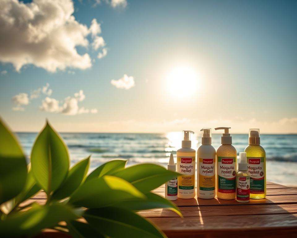 A serene beach scene on the Cape Verde islands featuring vibrant tropical flora in the foreground. Show a collection of effective mosquito repellent products artfully arranged on a wooden table, alongside a lush green plant. In the background, capture a beautiful ocean view with gentle waves lapping against the shore, under a clear blue sky filled with soft, white clouds. The lighting is warm and inviting, simulating a sunny day with the sun positioned low on the horizon. The atmosphere exudes tranquility and sophistication, perfect for travel enthusiasts looking for practical advice on mosquito prevention. Focus on a natural color palette that enhances the tropical feel, ensuring a professional and appealing presentation. A serene beach scene on the Cape Verde islands featuring vibrant tropical flora in the foreground. Show a collection of effective mosquito repellent products artfully arranged on a wooden table, alongside a lush green plant. In the background, capture a beautiful ocean view with gentle waves lapping against the shore, under a clear blue sky filled with soft, white clouds. The lighting is warm and inviting, simulating a sunny day with the sun positioned low on the horizon. The atmosphere exudes tranquility and sophistication, perfect for travel enthusiasts looking for practical advice on mosquito prevention. Focus on a natural color palette that enhances the tropical feel, ensuring a professional and appealing presentation.