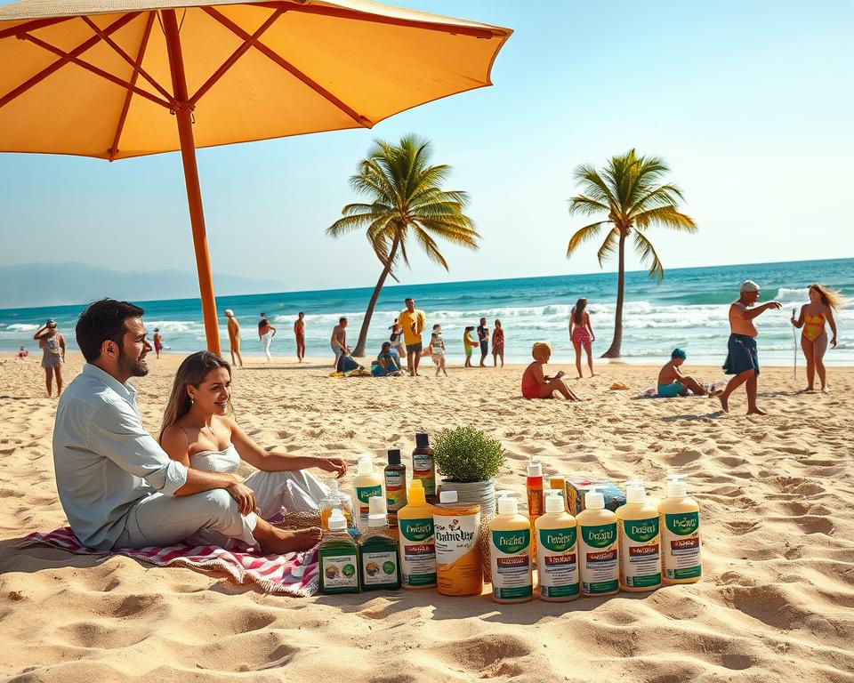 A serene beach scene on the Cape Verde islands, showcasing a bright, sunlit shore with soft, golden sand. In the foreground, a couple dressed in modest, light-colored casual clothing enjoys a picnic under a large beach umbrella, surrounded by a stylish assortment of insect repellent products displayed neatly. In the middle ground, families and groups of friends engage in various activities such as beach games and swimming, all while actively applying insect repellent to ensure comfort. The background features gentle waves lapping against the shore, with palm trees swaying in a light breeze under a clear blue sky, creating a relaxed yet vibrant atmosphere. The scene is captured with warm, natural lighting, emphasizing the joyful environment of a perfect beach day. A serene beach scene on the Cape Verde islands, showcasing a bright, sunlit shore with soft, golden sand. In the foreground, a couple dressed in modest, light-colored casual clothing enjoys a picnic under a large beach umbrella, surrounded by a stylish assortment of insect repellent products displayed neatly. In the middle ground, families and groups of friends engage in various activities such as beach games and swimming, all while actively applying insect repellent to ensure comfort. The background features gentle waves lapping against the shore, with palm trees swaying in a light breeze under a clear blue sky, creating a relaxed yet vibrant atmosphere. The scene is captured with warm, natural lighting, emphasizing the joyful environment of a perfect beach day.