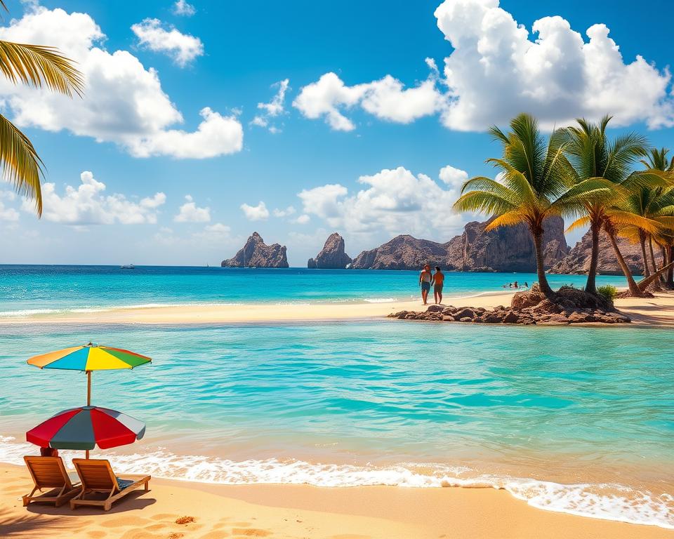 A serene beach scene on the islands of Cape Verde, showcasing crystal clear turquoise waters with a gentle wave lapping at the golden sandy shore. In the foreground, include a few colorful beach umbrellas and a pair of lounge chairs, set under bright sunlight that casts soft shadows. Palm trees sway gently with a light breeze, creating a tropical atmosphere. In the midground, depict families and couples enjoying the beach, relaxing and swimming, all dressed in modest beach attire. In the background, distant rocky cliffs rise sharply against a vibrant blue sky dotted with fluffy white clouds. The image should evoke a sense of tranquility and warmth, inviting viewers to imagine the perfect bathing vacation. Use bright, sunny lighting to enhance the inviting mood.