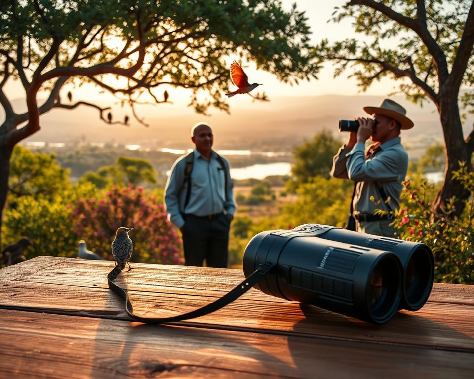 A serene birdwatching scene in the Caprivi region of Namibia, showcasing diverse bird species perched among lush green trees and vibrant shrubs. In the foreground, a pair of binoculars rests on a rustic wooden table, inviting viewers into the experience. The middle ground reveals a birdwatcher dressed in modest, professional attire, intently observing a brightly colored bird in flight. The background features the expansive landscape of Caprivi, with rolling hills and a peaceful river reflecting the golden hues of a late afternoon sun. Soft, warm lighting enhances the tranquil atmosphere, while the focus is sharp on the bird and the birdwatcher, creating a vivid, immersive experience filled with nature's beauty and excitement for avian enthusiasts. A serene birdwatching scene in the Caprivi region of Namibia, showcasing diverse bird species perched among lush green trees and vibrant shrubs. In the foreground, a pair of binoculars rests on a rustic wooden table, inviting viewers into the experience. The middle ground reveals a birdwatcher dressed in modest, professional attire, intently observing a brightly colored bird in flight. The background features the expansive landscape of Caprivi, with rolling hills and a peaceful river reflecting the golden hues of a late afternoon sun. Soft, warm lighting enhances the tranquil atmosphere, while the focus is sharp on the bird and the birdwatcher, creating a vivid, immersive experience filled with nature's beauty and excitement for avian enthusiasts.