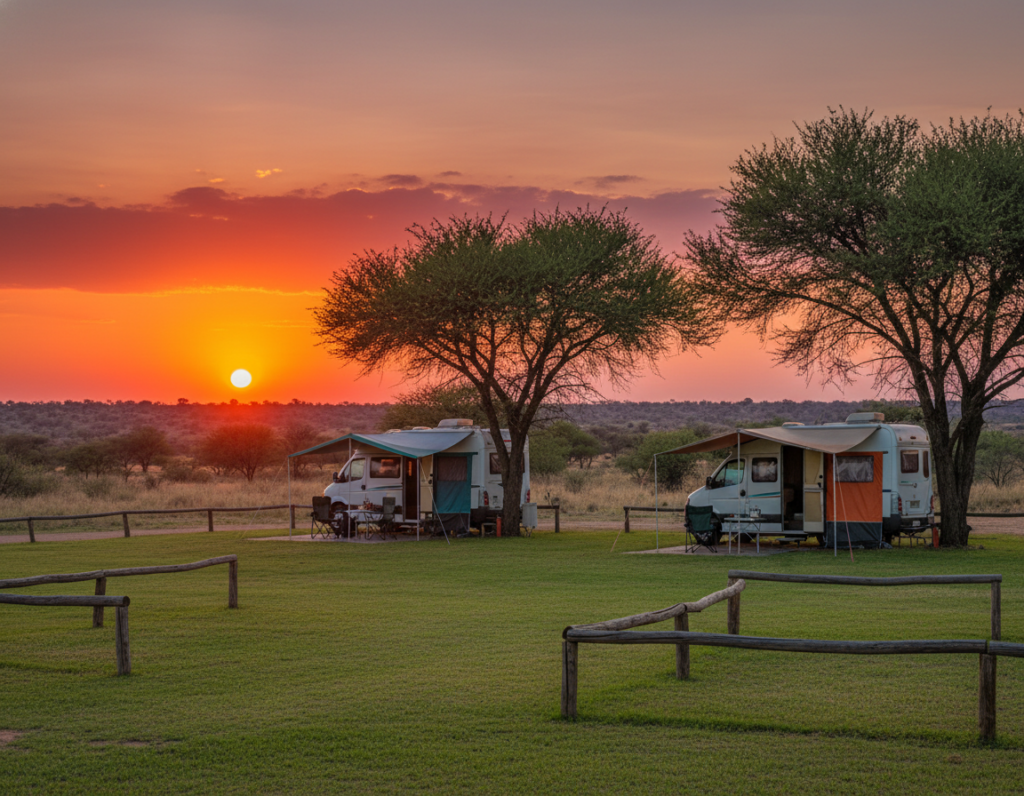 A serene camping area in Namibia, focusing on well-maintained stellplätze for travelers. In the foreground, showcase two spacious camping spots with green grass, surrounded by subtle, rustic wooden fences. In the middle, include a couple of stylish camper vans parked under tall acacia trees, their colorful awnings extended, creating a welcoming atmosphere. In the background, reveal the expansive Namibian landscape, featuring rolling hills and a vivid sunset casting warm hues across the sky. The lighting should be soft and golden, capturing the tranquil mood of an evening in the wilderness. The scene evokes a sense of adventure and relaxation, perfect for exploring southern Namibia between Aus, Keetmanshoop, and the Kalahari.