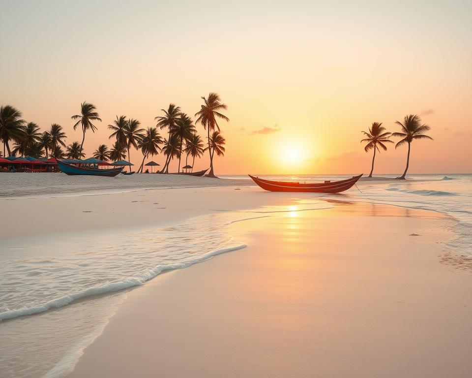 A serene coastal scene depicting the eastern coast of Zanzibar during low tide, capturing the vibrant beauty of the region. In the foreground, smooth white sands stretch along the beach, dotted with colorful beach umbrellas and traditional wooden fishing boats. The middle ground features gentle waves lapping at the shore, with patches of exposed coral reefs unveiling the underwater life. In the background, soaring palm trees sway gently in the breeze, framing a soft sunset sky painted with warm hues of orange and pink. The lighting is soft and golden, creating a tranquil and inviting atmosphere. The image is taken from a low angle, allowing the viewer to appreciate both the intricate details of the sandy shore and the expansive ocean beyond, evoking a sense of calm and natural beauty. A serene coastal scene depicting the eastern coast of Zanzibar during low tide, capturing the vibrant beauty of the region. In the foreground, smooth white sands stretch along the beach, dotted with colorful beach umbrellas and traditional wooden fishing boats. The middle ground features gentle waves lapping at the shore, with patches of exposed coral reefs unveiling the underwater life. In the background, soaring palm trees sway gently in the breeze, framing a soft sunset sky painted with warm hues of orange and pink. The lighting is soft and golden, creating a tranquil and inviting atmosphere. The image is taken from a low angle, allowing the viewer to appreciate both the intricate details of the sandy shore and the expansive ocean beyond, evoking a sense of calm and natural beauty.