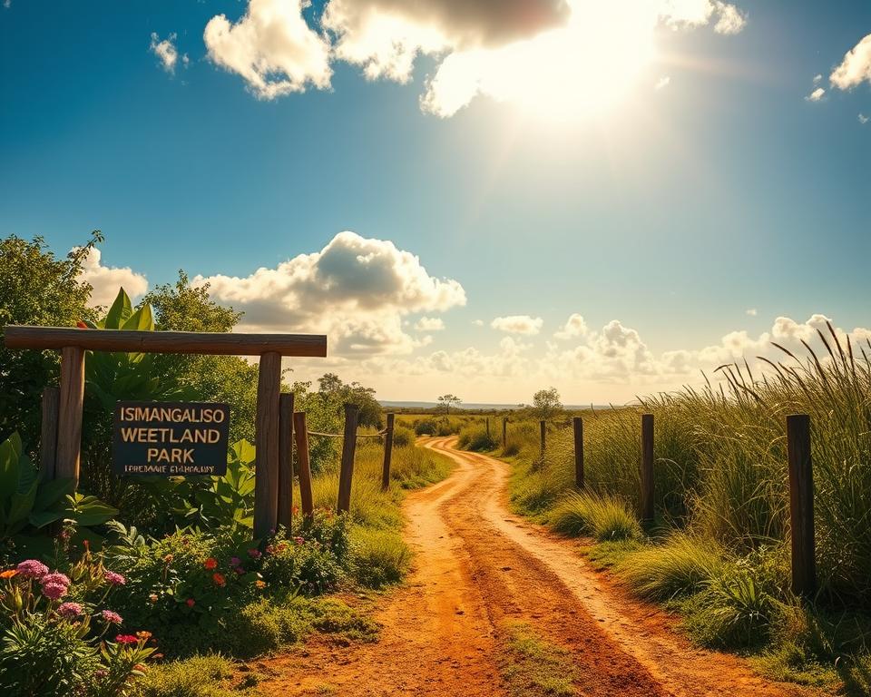A serene entrance to iSimangaliso Wetland Park, showcasing the lush, vibrant landscape typical of the park's rich biodiversity. In the foreground, a wooden entrance gate adorned with park signage, surrounded by colorful wildflowers and tropical foliage. The middle ground features a winding path leading visitors deeper into the park, with tall grasses and reeds on either side, hinting at the wetlands. In the background, a clear blue sky with soft, fluffy clouds illuminating the scene in warm, golden sunlight, casting gentle shadows on the ground. The atmosphere is tranquil, evoking a sense of adventure and connection to nature, inviting visitors to explore the wonders of this unique ecosystem. The scene is captured with a warm color palette, emphasizing the lush greens and earthy tones, showcasing the natural beauty of the park.