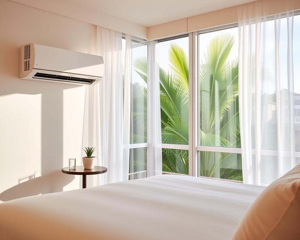 A serene hotel room in the Cape Verde Islands, showcasing a modern air conditioning unit mounted on the wall, creating a refreshing ambiance. In the foreground, depict a neatly made bed with light-colored linens and a soft, inviting comforter. Set a stylish bedside table next to the bed with a small potted plant and a glass of water. In the middle ground, show large windows with sheer white curtains fluttering gently, allowing soft, natural light to fill the space. In the background, capture a glimpse of tropical foliage outside, enhancing the room's peaceful vibe. The overall atmosphere conveys relaxation and comfort, emphasizing the importance of insect protection for a good night's sleep. Use soft lighting to create a tranquil, inviting mood, with a focus on the coolness of the air conditioning contrasted against the tropical setting. A serene hotel room in the Cape Verde Islands, showcasing a modern air conditioning unit mounted on the wall, creating a refreshing ambiance. In the foreground, depict a neatly made bed with light-colored linens and a soft, inviting comforter. Set a stylish bedside table next to the bed with a small potted plant and a glass of water. In the middle ground, show large windows with sheer white curtains fluttering gently, allowing soft, natural light to fill the space. In the background, capture a glimpse of tropical foliage outside, enhancing the room's peaceful vibe. The overall atmosphere conveys relaxation and comfort, emphasizing the importance of insect protection for a good night's sleep. Use soft lighting to create a tranquil, inviting mood, with a focus on the coolness of the air conditioning contrasted against the tropical setting.