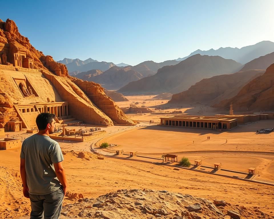 A serene landscape at the West Bank of Luxor, Egypt, featuring the Valley of the Kings. In the foreground, a lone traveler in modest casual clothing gazes at the grand ancient tombs carved into the rocky hillsides, with hieroglyphs faintly visible. The middle ground showcases the iconic burial sites, bathed in warm afternoon sunlight, casting long shadows on the arid terrain. In the background, the vibrant hues of the Nubian mountains create a dramatic backdrop against a clear blue sky. The mood is contemplative and inspiring, capturing the essence of history and exploration. Shot with a wide-angle lens to encompass the expansive scenery, highlighting the textures of the desert and the majestic architecture of the tombs. Soft golden lighting enhances the ancient feel of this timeless landscape.