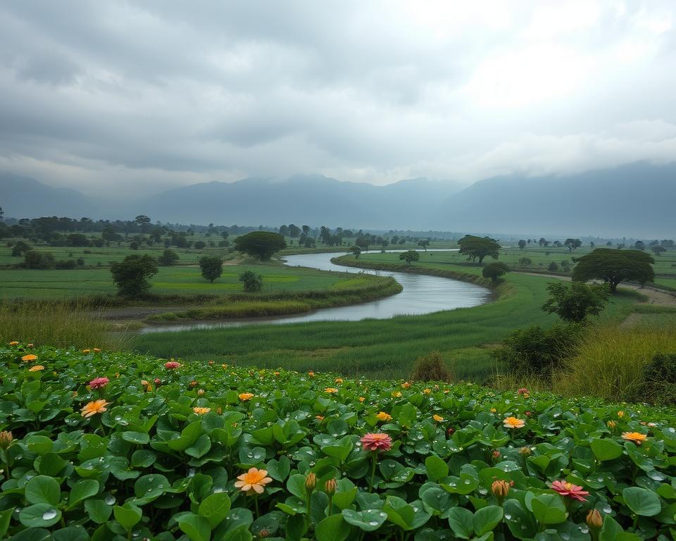 A serene landscape capturing the lush beauty of Tanzania during the rainy season. In the foreground, vibrant green fields dotted with raindrops, showcasing flowering plants that thrive in the wet climate. In the middle, a winding river reflects the overcast sky, surrounded by tall grasses and occasional trees with rich foliage, bathed in soft, diffused light. The background features the majestic outline of distant mountains, partly shrouded in mist, under a moody, gray sky that hints at impending rain. The overall atmosphere is tranquil yet dynamic, embodying the life-giving essence of the rainy season. The image should have a wide-angle perspective to emphasize the expansive landscape and enhance the feeling of depth.
