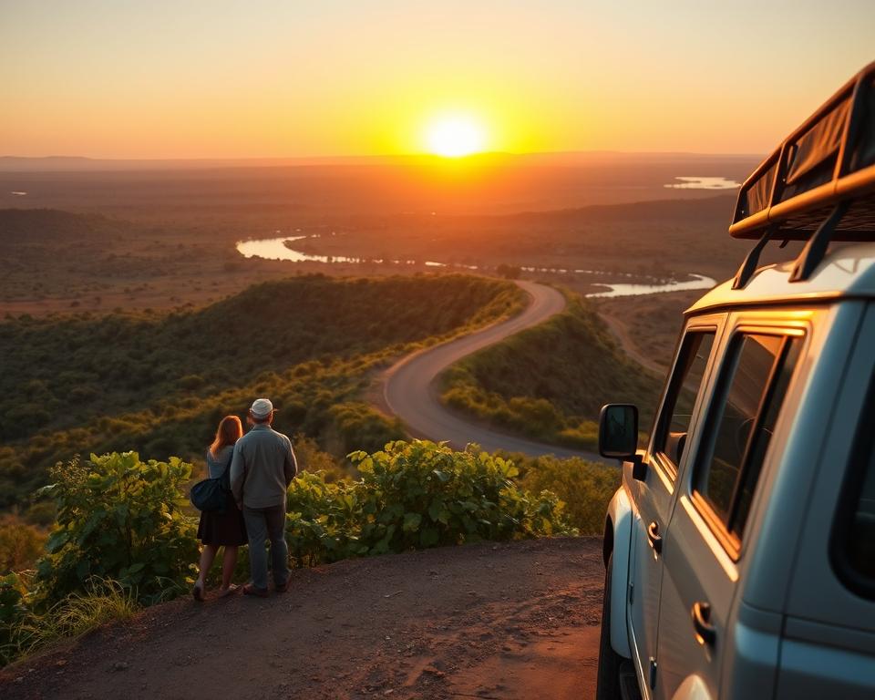 A serene landscape depicting a journey to the Caprivi Strip in Namibia, showcasing a scenic road winding through lush greenery and expansive savanna. In the foreground, a well-maintained, modern vehicle is seen parked at a lookout point, with two travelers in modest casual clothing observing the breathtaking views. The middle ground features a vibrant sunset casting a warm golden hue over the landscape, enhancing the rich greens and earthy browns of the terrain. In the background, distant hills and the shimmering Okavango River subtly reflect the fading light. The mood is tranquil and adventurous, inviting the viewer to embark on a peaceful exploration of Eastern Namibia. The image should be captured with soft lighting, achieving a landscape photography style with a slight depth of field to emphasize the foreground elements. A serene landscape depicting a journey to the Caprivi Strip in Namibia, showcasing a scenic road winding through lush greenery and expansive savanna. In the foreground, a well-maintained, modern vehicle is seen parked at a lookout point, with two travelers in modest casual clothing observing the breathtaking views. The middle ground features a vibrant sunset casting a warm golden hue over the landscape, enhancing the rich greens and earthy browns of the terrain. In the background, distant hills and the shimmering Okavango River subtly reflect the fading light. The mood is tranquil and adventurous, inviting the viewer to embark on a peaceful exploration of Eastern Namibia. The image should be captured with soft lighting, achieving a landscape photography style with a slight depth of field to emphasize the foreground elements.