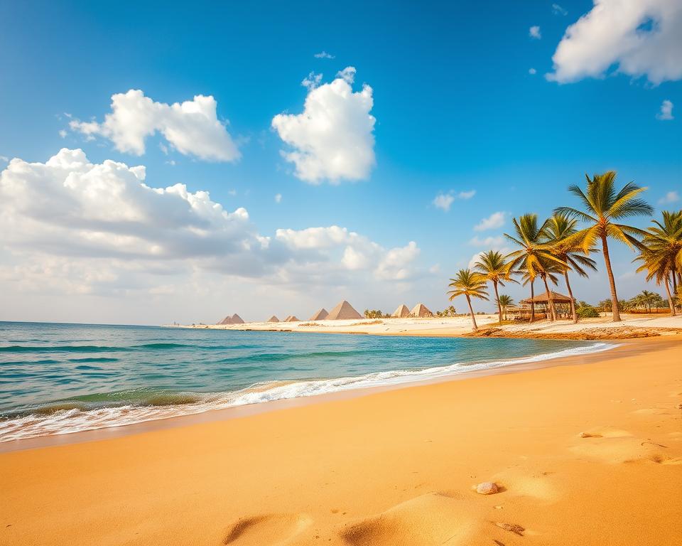A serene landscape depicting the climate of Egypt, showcasing a beautiful beach with gently lapping waves under a bright blue sky filled with fluffy white clouds. In the foreground, golden sands with a few scattered smooth stones invite relaxation. In the middle ground, vibrant green palm trees sway gently in a warm breeze, adding a tropical feel. The background features the distant silhouette of ancient pyramids against the horizon, capturing the essence of Egypt's rich culture. The lighting is warm and inviting, suggesting mid-afternoon sun. The scene conveys a tranquil and inviting atmosphere, perfect for a vacation, emphasizing Egypt's climate and seasonal beauty without any people present. The overall composition should feel balanced and harmonious, inviting the viewer to imagine the pleasurable experience of visiting Egypt.