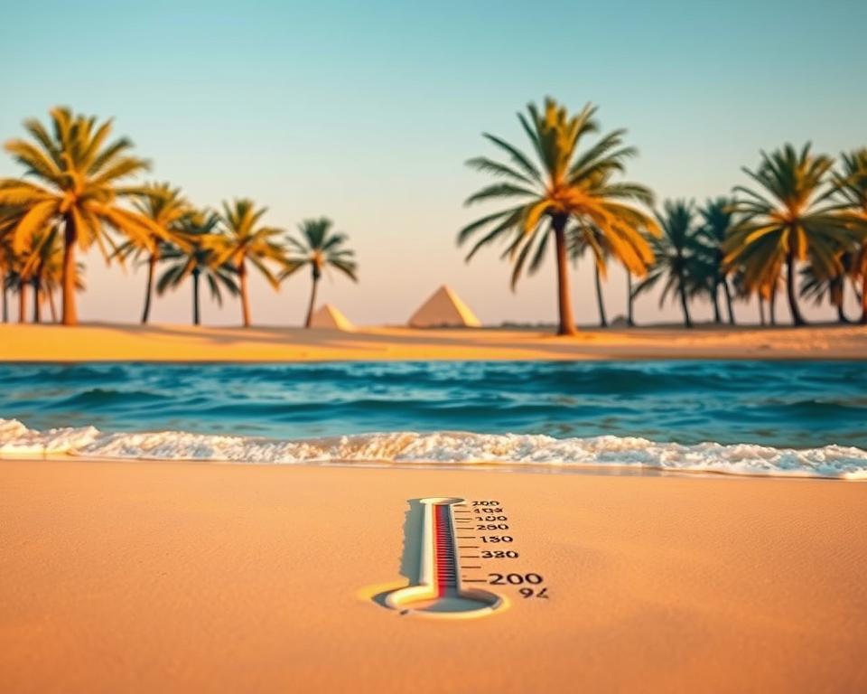 A serene landscape depicting the warm waters of Egypt in a monthly overview. In the foreground, a tranquil beach scene showcases gentle waves lapping at the shore, with a thermometer in the sand indicating various water temperatures from cool to warm, crafted artistically to highlight seasonal changes. In the middle ground, lush palm trees sway slightly, casting long shadows on the golden sand, creating a laid-back and inviting atmosphere perfect for travelers. The background features a clear blue sky with a soft gradient, reminiscent of serene Egyptian sunsets, and hints of distant pyramids silhouetted against the horizon. Soft, warm lighting enhances the inviting mood, and a wide-angle perspective captures the expansive beauty of the Egyptian coastline.