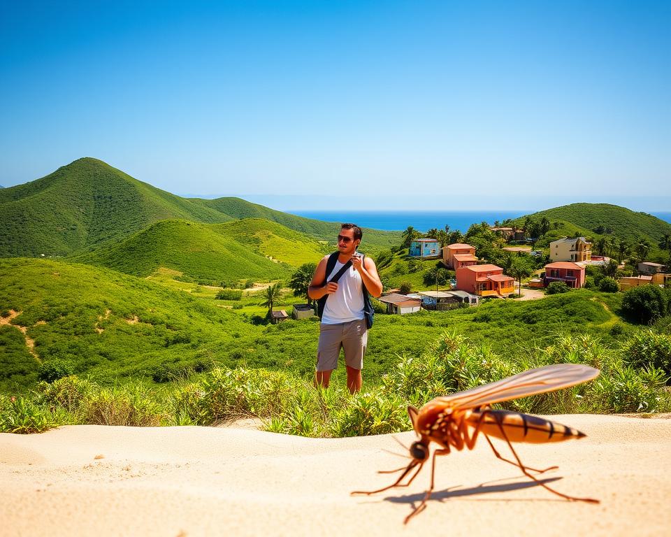 A serene landscape of the Cape Verde islands, showcasing lush green hills and sandy beaches, under a bright blue sky. In the foreground, a subtle representation of mosquitoes is depicted, emphasizing their role in transmitting diseases. Midground includes a traveler in modest casual clothing applying insect repellent, surrounded by vibrant local flora, symbolizing health precautions. The background features a traditional Cape Verdean village, with colorful houses and palm trees swaying gently in the breeze. Soft, natural lighting enhances the scene, creating a warm, inviting atmosphere. The angle is slightly elevated, providing a panoramic view that captures both the beauty of the islands and the caution advised for travelers. Overall, the image conveys a sense of awareness and preparation while enjoying the picturesque scenery. A serene landscape of the Cape Verde islands, showcasing lush green hills and sandy beaches, under a bright blue sky. In the foreground, a subtle representation of mosquitoes is depicted, emphasizing their role in transmitting diseases. Midground includes a traveler in modest casual clothing applying insect repellent, surrounded by vibrant local flora, symbolizing health precautions. The background features a traditional Cape Verdean village, with colorful houses and palm trees swaying gently in the breeze. Soft, natural lighting enhances the scene, creating a warm, inviting atmosphere. The angle is slightly elevated, providing a panoramic view that captures both the beauty of the islands and the caution advised for travelers. Overall, the image conveys a sense of awareness and preparation while enjoying the picturesque scenery.