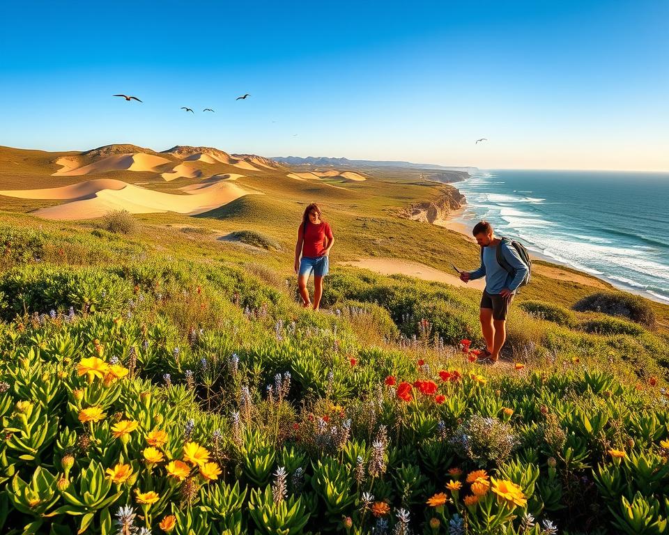 A serene landscape of the De Hoop Nature Reserve, showcasing its unique biodiversity. In the foreground, lush green vegetation transitions into colorful wildflowers, with a couple of hikers wearing modest casual clothing, examining a nearby plant. The middle ground features rolling sand dunes, creating a gentle undulating landscape under a bright blue sky. Birds can be seen soaring above, adding to the wildlife theme. In the background, the rugged cliffs of the coastline meet the ocean, with gentle waves lapping at the shore. The scene is bathed in warm, golden sunlight, evoking a sense of tranquility and respect for nature. Use a wide-angle lens to capture the expanse and depth of the landscape, ensuring a vibrant and inviting atmosphere.