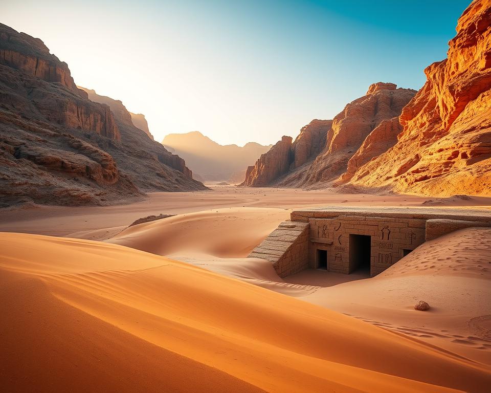 A serene landscape of the Valley of the Kings in Egypt at sunrise, showcasing the rugged mountains and the rich, golden sand dunes in the foreground. In the middle ground, illustrate several ancient tomb entrances partially buried in the earth, adorned with faint hieroglyphics, offering an air of mystery. The background should reveal a clear blue sky with soft, warm light illuminating the scene, creating a tranquil yet majestic atmosphere. Employ a wide-angle lens perspective to capture the vastness of the valley, emphasizing the grandeur and historical significance of this archaeological site. The mood should be contemplative and awe-inspiring, inviting viewers to reflect on the ancient civilizations that once thrived here.