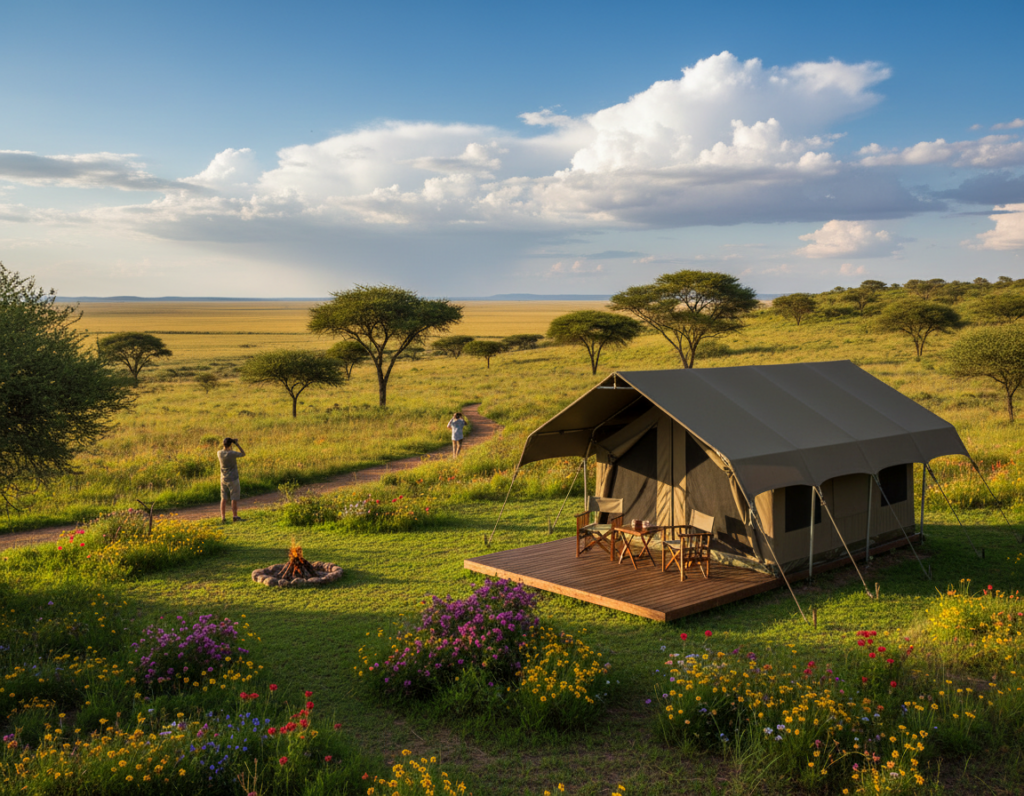A serene landscape showcasing a picturesque campsite nestled between Windhoek and Etosha. In the foreground, a cozy, traditional safari tent with a wooden deck is surrounded by lush green grass and vibrant wildflowers. The middle ground features a variety of acacia trees and softly rolling hills, creating an inviting space for outdoor activities like birdwatching and hiking. In the background, expansive plains stretch towards the horizon under a brilliant blue sky, interspersed with distant, dramatic clouds. The warm afternoon sunlight casts long shadows, creating a tranquil atmosphere, perfect for adventure and relaxation. The scene captures a sense of peace and connection to nature, embodying the essence of a unique safari experience. A serene landscape showcasing a picturesque campsite nestled between Windhoek and Etosha. In the foreground, a cozy, traditional safari tent with a wooden deck is surrounded by lush green grass and vibrant wildflowers. The middle ground features a variety of acacia trees and softly rolling hills, creating an inviting space for outdoor activities like birdwatching and hiking. In the background, expansive plains stretch towards the horizon under a brilliant blue sky, interspersed with distant, dramatic clouds. The warm afternoon sunlight casts long shadows, creating a tranquil atmosphere, perfect for adventure and relaxation. The scene captures a sense of peace and connection to nature, embodying the essence of a unique safari experience.
