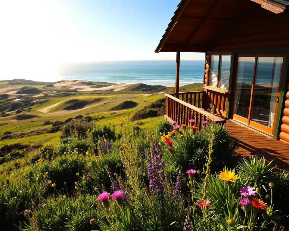 A serene landscape showcasing the Unterkunft De Hoop Nature Reserve, with a cozy lodge nestled among lush greenery in the foreground. The lodge features a wooden deck and large windows, inviting the calm ambiance of nature inside. In the middle ground, a gentle slope leads to a picturesque view of rolling sand dunes and endemic flora, accentuated by wildflowers in vibrant colors. In the background, the blue ocean waves gently meet the shoreline under a clear sky, with the sun casting warm sunlight that creates a tranquil atmosphere. Use a wide-angle lens to capture the expansiveness of the scene, with soft, natural lighting to evoke a peaceful and inviting mood, emphasizing the connection between nature and a comforting stay.