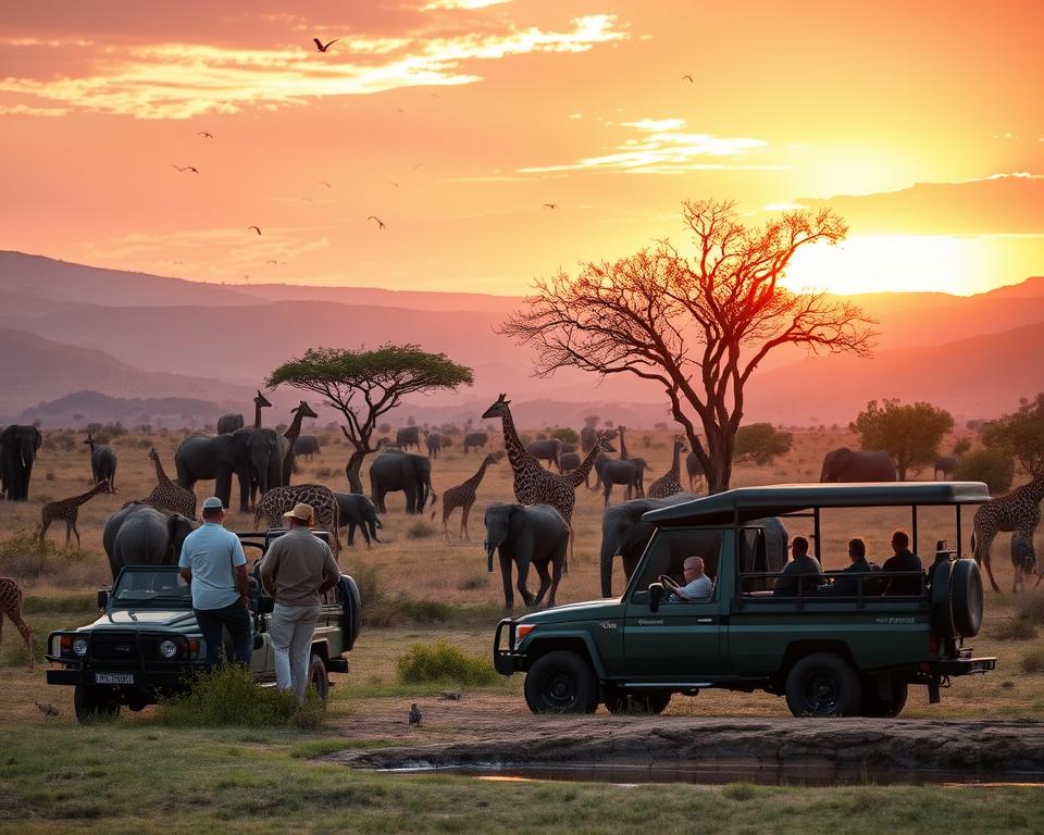 A serene landscape within Pilanesberg National Park during the golden hour, showcasing a diverse scene of wildlife and safari options. In the foreground, a well-equipped safari vehicle is parked near a waterhole, its occupants—two tourists dressed in casual yet modest clothing—are observing a group of elephants. In the middle ground, you can see giraffes grazing gracefully under acacia trees, while a variety of birds, such as hornbills and starlings, flutter about. The background is dominated by rolling hills and a dramatic sunset sky, casting warm hues of orange, pink, and purple over the scene. The mood is tranquil yet exhilarating, capturing the essence of adventure in the wild. The light should be soft and diffused, emphasizing the beauty of nature and the safari experience. A serene landscape within Pilanesberg National Park during the golden hour, showcasing a diverse scene of wildlife and safari options. In the foreground, a well-equipped safari vehicle is parked near a waterhole, its occupants—two tourists dressed in casual yet modest clothing—are observing a group of elephants. In the middle ground, you can see giraffes grazing gracefully under acacia trees, while a variety of birds, such as hornbills and starlings, flutter about. The background is dominated by rolling hills and a dramatic sunset sky, casting warm hues of orange, pink, and purple over the scene. The mood is tranquil yet exhilarating, capturing the essence of adventure in the wild. The light should be soft and diffused, emphasizing the beauty of nature and the safari experience.