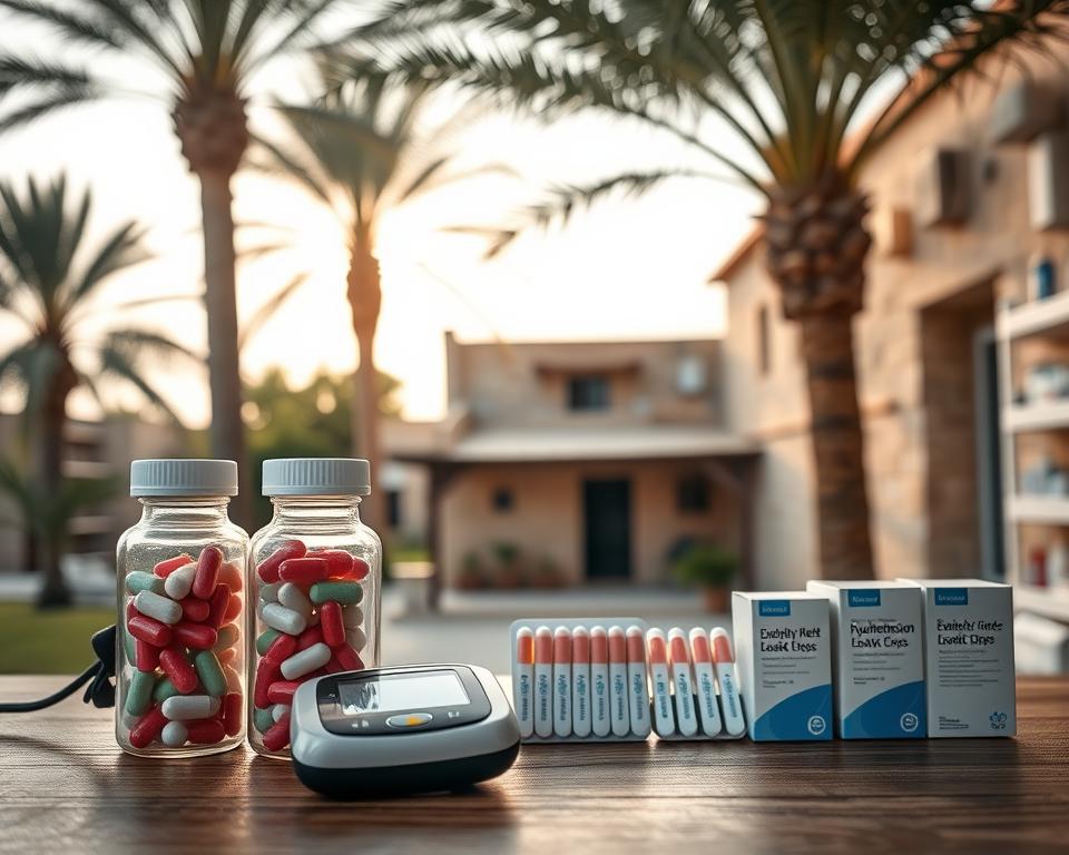 A serene outdoor pharmacy setting in Egypt, showcasing medicine bottles and boxes specifically designed for chronic illnesses like diabetes, hypertension, and epilepsy. In the foreground, clear glass bottles filled with vibrant colored pills and a digital blood pressure monitor are placed on a wooden counter. In the middle ground, a small, neatly arranged display of diabetes test strips and medical capsules. The background features soft, golden light filtering through palm trees, highlighting a rustic, traditional Egyptian building. The scene is peaceful, with a subtle mix of nature and healthcare elements. The overall atmosphere conveys hope and tranquility, emphasizing the importance of medication for chronic conditions, without any human figures or distractions.