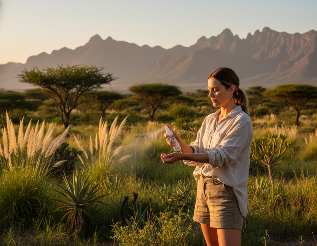 A serene outdoor scene depicting a person applying insect repellent in a lush South African landscape. In the foreground, a person wearing light, casual clothing is standing with a small bottle of repellent, carefully spraying it on their arms. The middle ground features vibrant greenery, including tall grasses and scattered trees typical of the region, while a golden sunset bathes the scene in warm light. In the background, the distant silhouette of mountains adds depth to the composition. The atmosphere is calm and intent, conveying a sense of preparation and awareness against mosquitoes. Use soft, natural lighting to accentuate the colors, with a focus on capturing the person's thoughtful expression while remaining professional and approachable. A serene outdoor scene depicting a person applying insect repellent in a lush South African landscape. In the foreground, a person wearing light, casual clothing is standing with a small bottle of repellent, carefully spraying it on their arms. The middle ground features vibrant greenery, including tall grasses and scattered trees typical of the region, while a golden sunset bathes the scene in warm light. In the background, the distant silhouette of mountains adds depth to the composition. The atmosphere is calm and intent, conveying a sense of preparation and awareness against mosquitoes. Use soft, natural lighting to accentuate the colors, with a focus on capturing the person's thoughtful expression while remaining professional and approachable.