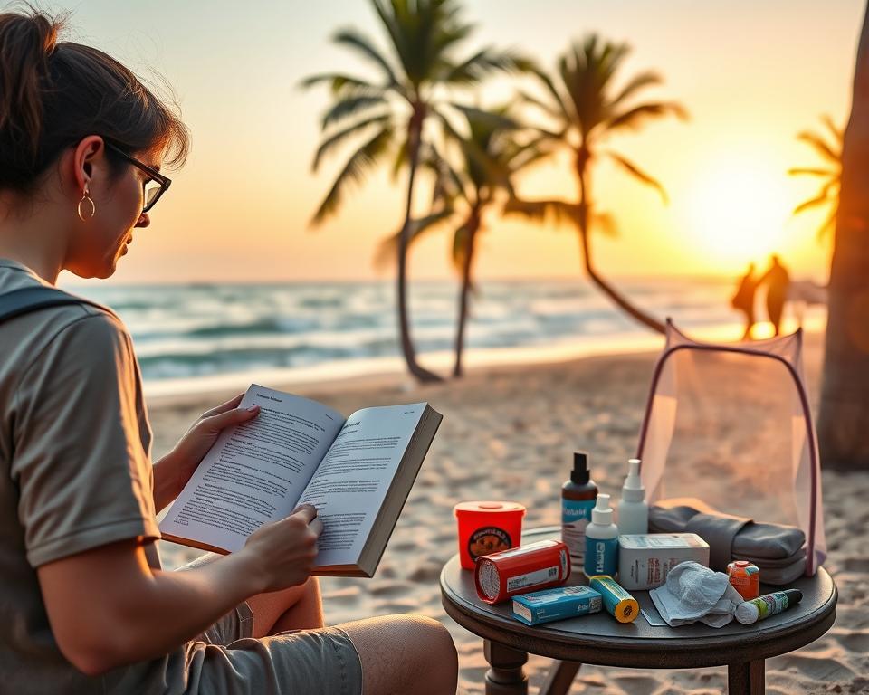 A serene outdoor setting on the Cape Verde islands at sunset, showcasing a traveler in modest casual clothing consulting a guidebook about mosquito protection tips. In the foreground, the traveler is applying insect repellent to exposed skin thoughtfully, demonstrating a typical mistake in mosquito protection. In the middle ground, a small table is cluttered with different types of repellents and a mosquito net, hinting at confusion and oversights in effective protection. The background features a beautiful beach with gentle waves, palm trees swaying in a light breeze, and soft, warm lighting reflecting off the sand, creating a calm yet cautionary atmosphere about mosquito protection. The image conveys an educational yet appealing mood, emphasizing the importance of correct mosquito prevention methods. A serene outdoor setting on the Cape Verde islands at sunset, showcasing a traveler in modest casual clothing consulting a guidebook about mosquito protection tips. In the foreground, the traveler is applying insect repellent to exposed skin thoughtfully, demonstrating a typical mistake in mosquito protection. In the middle ground, a small table is cluttered with different types of repellents and a mosquito net, hinting at confusion and oversights in effective protection. The background features a beautiful beach with gentle waves, palm trees swaying in a light breeze, and soft, warm lighting reflecting off the sand, creating a calm yet cautionary atmosphere about mosquito protection. The image conveys an educational yet appealing mood, emphasizing the importance of correct mosquito prevention methods.