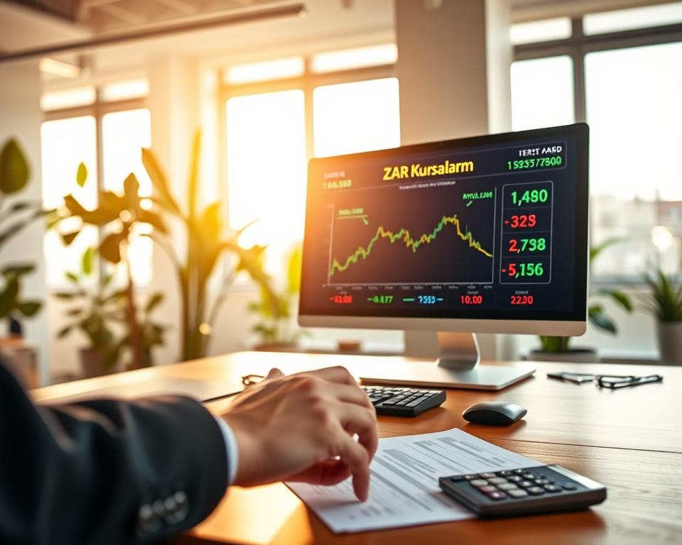 A serene, professional workspace featuring a digital screen displaying a "ZAR Kursalarm" interface, with vibrant graphs illustrating the South African Rand's fluctuations. In the foreground, a close-up of a hand interacting with a touchscreen, with a few financial documents and a calculator on a sleek wooden desk. In the middle, a soft focus on the screen showcasing live currency exchange rates, with green and red indicators for increases and decreases. The background captures a sunlit office with plants, large windows letting in warm, natural light, creating an optimistic and focused atmosphere. The scene conveys a sense of urgency yet professionalism, ideal for financial decision-making. Shot with a slight depth of field to emphasize the foreground elements.