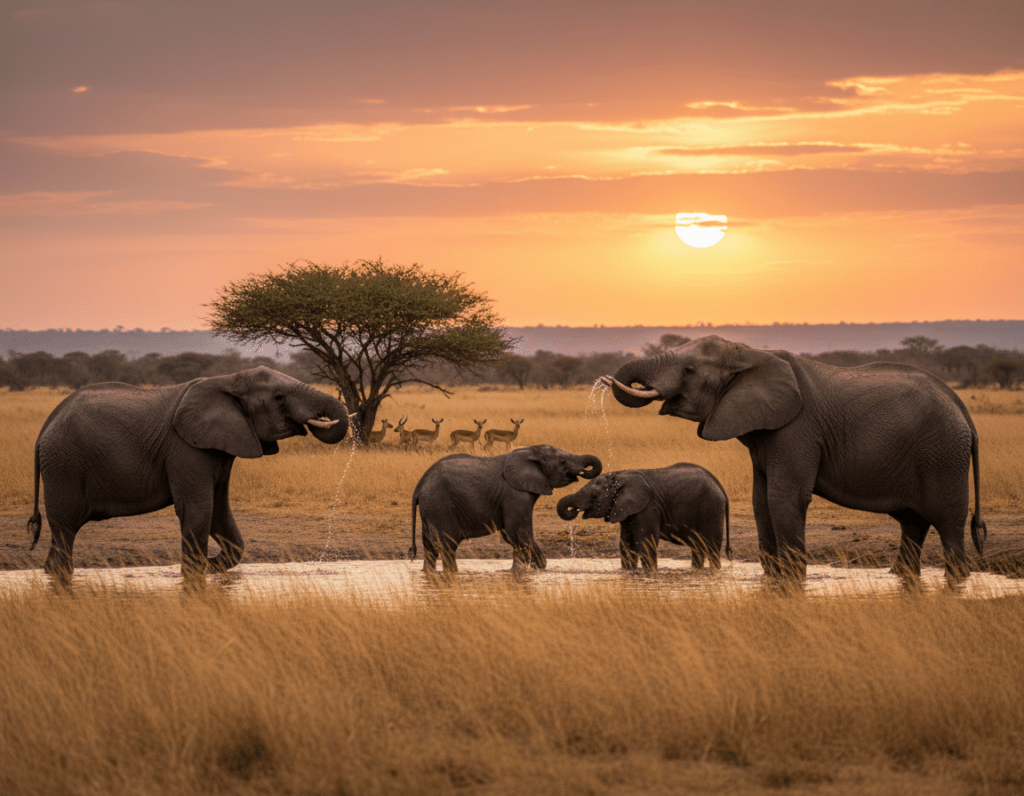 A serene scene at an African waterhole in Hwange National Park, featuring a group of majestic elephants quenching their thirst. In the foreground, the elephants are splashing water, their large ears flapping as they interact playfully. The middle ground captures the rich, earthy tones of the savanna, with tall grass swaying gently in the breeze, and a few curious antelopes watching from a safe distance. In the background, a picturesque sunset casts golden hues across the sky, creating a warm, inviting atmosphere. Soft, diffused lighting enhances the serenity of the moment while low-angle photography emphasizes the grandeur of the elephants. The mood is peaceful and harmonious, showcasing the beauty of wildlife in their natural habitat.