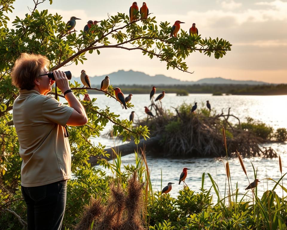 A serene scene capturing birdwatching in iSimangaliso Wetland Park, showcasing diverse bird species in their natural habitat. In the foreground, a person dressed in modest casual clothing stands quietly with binoculars, observing colorful birds perched on lush green branches. The middle ground features a vibrant array of birdlife including storks, kingfishers, and weaver birds, flitting among the foliage and reeds. The background highlights the park's stunning scenery, with shimmering water reflecting the sky, dotted with arching mangroves and distant hills. The scene is bathed in soft, golden hour lighting, creating a tranquil and inviting atmosphere. Use a slightly elevated angle to capture both the rich details of the birds and the expansive landscape.