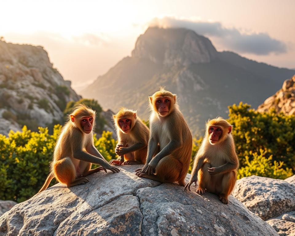 A serene scene capturing the iconic Barbary macaques of Gibraltar, also known as Berberaffen. In the foreground, several playful macaques interact with one another, showcasing their expressive faces and unique fur textures. One monkey is perched on a large rock, with the famous rock of Gibraltar rising majestically in the background, partially shrouded by soft, wispy clouds. The midground includes lush greenery, hinting at the natural habitat surrounding the area. The lighting is warm, reminiscent of a late afternoon sun, casting gentle shadows that enhance the vibrant colors of the landscape. The composition is designed to draw the viewer in, evoking a sense of wonder and connection with these remarkable creatures. The atmosphere is peaceful, highlighting the beauty of nature and wildlife.