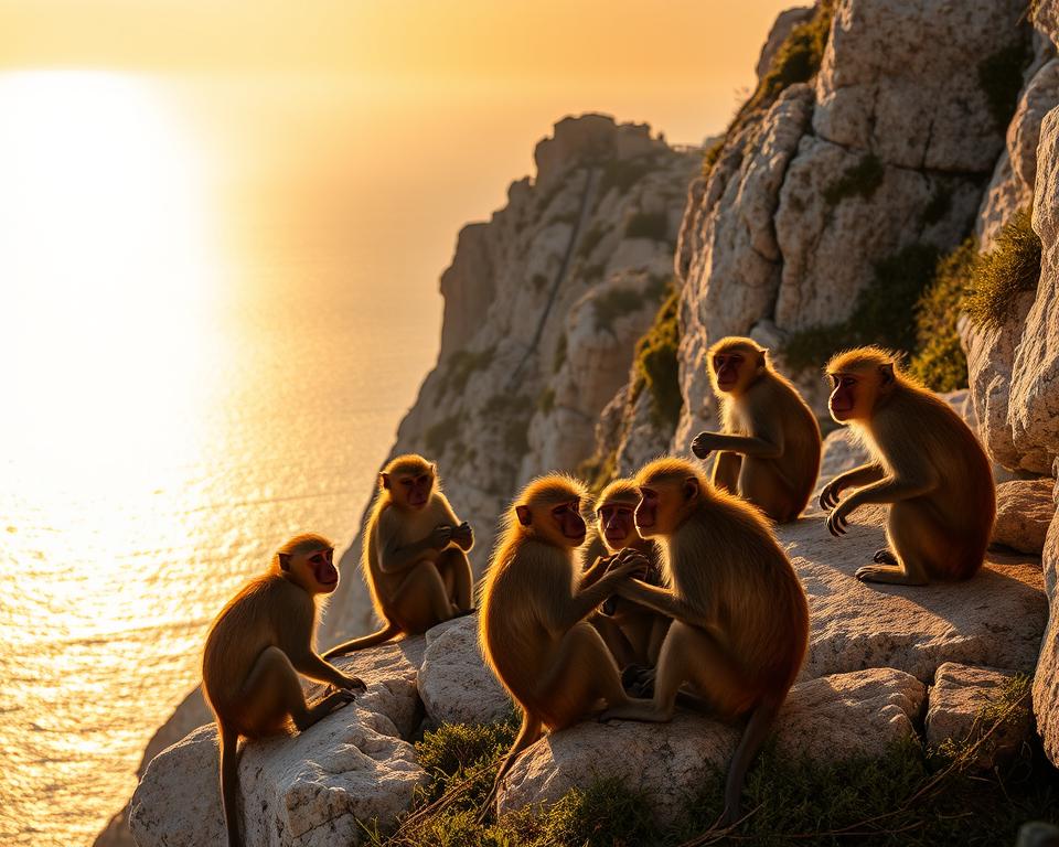 A serene scene depicting a group of Barbary macaques, also known as Gibraltar monkeys, on the rocky cliffs of the iconic Rock of Gibraltar. In the foreground, several monkeys engage with each other playfully, exhibiting their unique facial expressions and intricate fur patterns. The middle ground showcases the rugged limestone cliffs, with patches of greenery, providing a natural habitat for the monkeys. In the background, the Mediterranean Sea sparkles under a golden sunset, casting warm light that enhances the scene’s mood of tranquility and historical significance. The image is captured from a low angle to emphasize the majestic cliffs and monkeys, with a soft focus on the distant sea, creating an atmosphere of harmony between nature and the fascinating legends of Gibraltar.