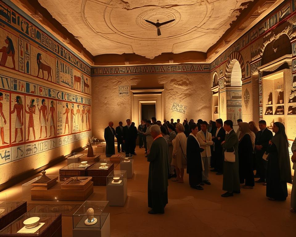 A serene scene inside an ancient Egyptian tomb, reflecting respect for cultural heritage. In the foreground, a group of well-dressed tourists in modest clothing quietly observe vibrant hieroglyphs and intricate wall paintings, some pointing in awe. The middle ground features ancient artifacts and offerings arranged with care, illuminated by soft, warm lighting that creates a reverent atmosphere. The background reveals intricately decorated walls and archways, drawing the viewer's eye deeper into the tomb's history. The overall mood is one of respect and admiration, encouraging mindful exploration of the sacred space. Capture this moment with a slightly angled perspective, simulating the feeling of quietly stepping into history while preserving the tomb's integrity.