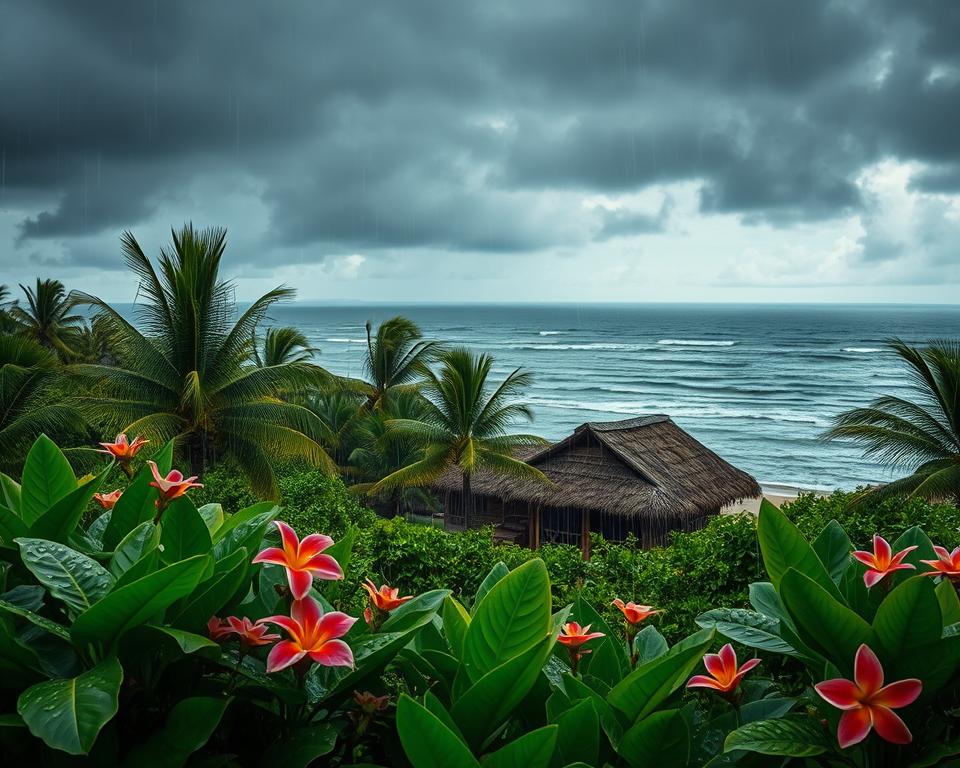 A serene scene of Zanzibar during the rainy season, showcasing lush greenery in the foreground with vibrant tropical plants and colorful flowers glistening with rain droplets. The middle ground features traditional thatched-roof huts nestled among palm trees, their reflective surfaces shimmering in the soft light. The background reveals dark, dramatic rain clouds gathering over the ocean, with distant waves crashing against the coastline. Soft, diffused lighting highlights the rich colors and textures, evoking a tranquil and rejuvenating atmosphere. A slightly elevated perspective captures the beauty of nature and the rhythm of life during a tropical rain shower, creating an enchanting, immersive experience.