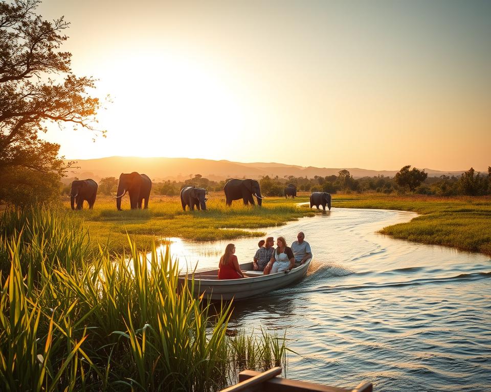 A serene scene of a boat tour in the Caprivi Strip of Namibia, situated on a gentle river surrounded by lush greenery and diverse wildlife. In the foreground, a small wooden boat navigates smoothly on the water with a few tourists dressed in light, casual clothing, observing the surroundings. The middle ground features vibrant reeds and occasional glimpses of elephants and hippos near the riverbanks, capturing the essence of the region's wildlife. In the background, distant hills are bathed in warm, golden sunlight during the golden hour, creating a tranquil atmosphere. The image has a soft focus with a wide-angle lens effect, enhancing the lush landscape and evoking a sense of adventure and exploration in nature. A serene scene of a boat tour in the Caprivi Strip of Namibia, situated on a gentle river surrounded by lush greenery and diverse wildlife. In the foreground, a small wooden boat navigates smoothly on the water with a few tourists dressed in light, casual clothing, observing the surroundings. The middle ground features vibrant reeds and occasional glimpses of elephants and hippos near the riverbanks, capturing the essence of the region's wildlife. In the background, distant hills are bathed in warm, golden sunlight during the golden hour, creating a tranquil atmosphere. The image has a soft focus with a wide-angle lens effect, enhancing the lush landscape and evoking a sense of adventure and exploration in nature.