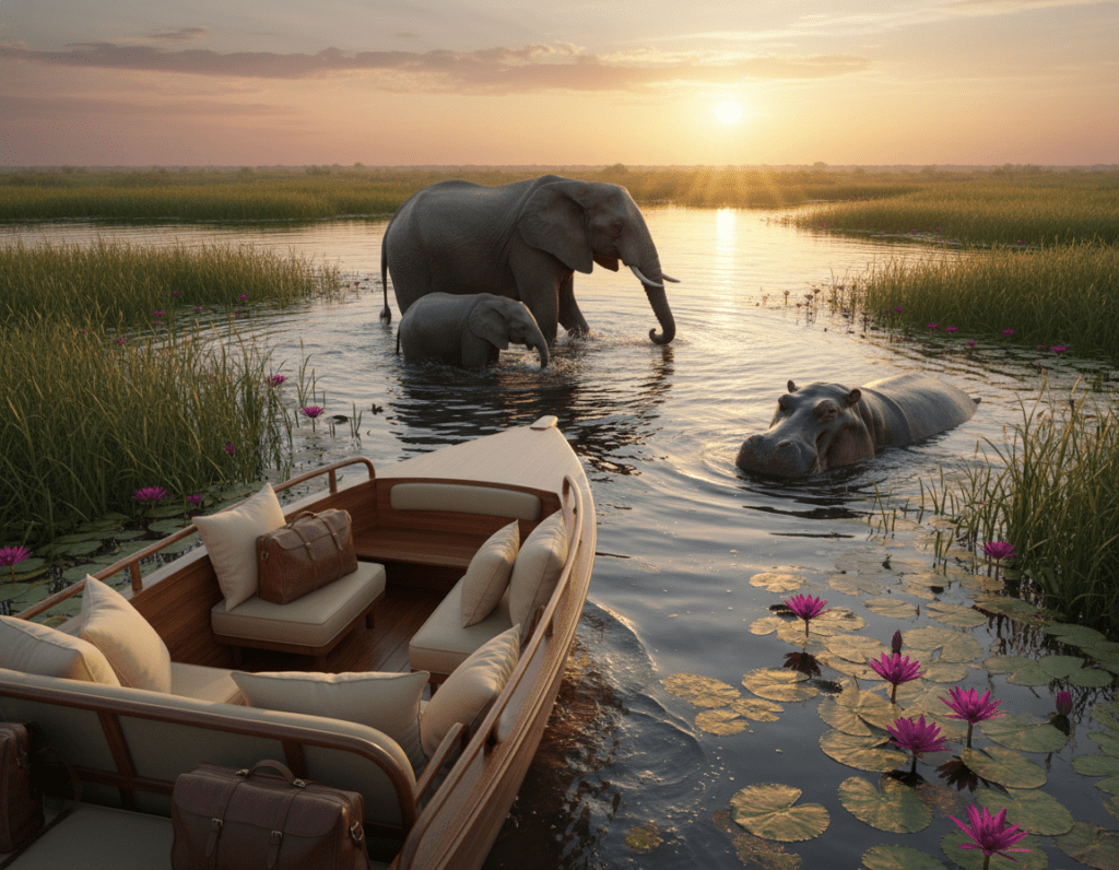 A serene scene of an Okavango water safari, showcasing a luxurious safari boat gliding through tranquil waters. In the foreground, a polished wooden boat is adorned with lavish cushions and elegant safari gear, surrounded by lush greenery and vibrant water lilies. The middle ground features a family of elephants playfully splashing in the water, while a majestic hippo partially emerges, adding excitement to the wildlife experience. In the background, the sun sets low on the horizon, casting warm golden hues across the sky and reflecting shimmering light on the water’s surface. The atmosphere is calm and inviting, capturing the essence of adventure and luxury in the rich ecosystem of the Okavango Delta, with soft natural lighting emphasizing the beauty and tranquility of this unique landscape.